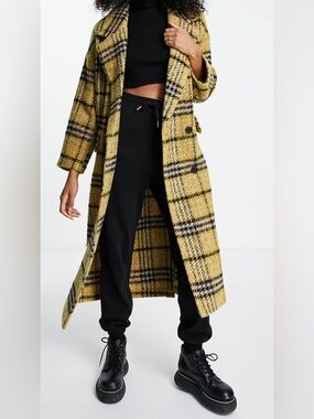 Topshop Oversized Yellow Plaid Double-Breasted Pea Coat sz 8